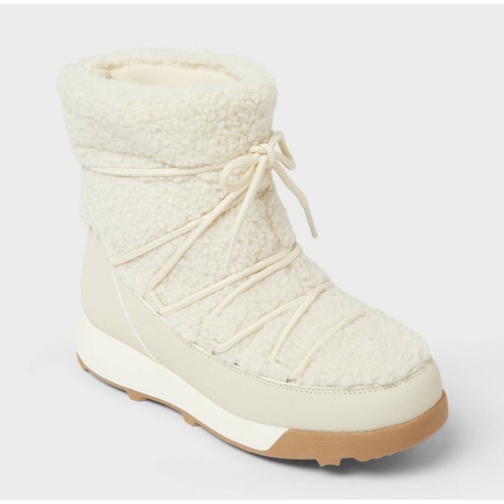 All In Motion Womens Faux Fur Winter Boots Size 9 Cream Cozy Lace Up Sherpa